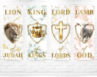 Set of 4 Church Banners, Sanctuary Banners, Mission Worship, Church Wall Vinyl Banner, Lion of Judah Lamb of God Lord of Lords King of Kings