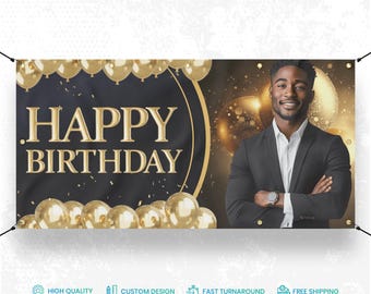 Custom Birthday Banner, Personalized Happy Birthday Sign with Name, Age & Picture, Vinyl Party Decoration, Birthday Backdrop Indoor Outdoor