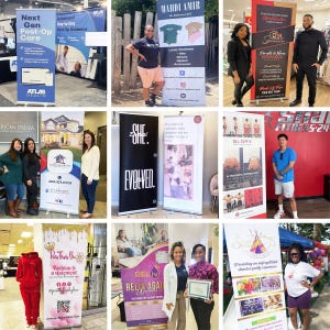 May include: A collection of promotional banners with various designs and text. One banner advertises "Next Gen Post-Op Care" and another promotes "Mahdi Amir" luxury streetwear. Other banners feature "American Dream" and "Glory".