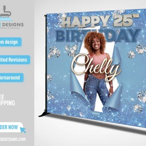 Birthday Backdrop Banner, Custom Birthday Decor Custom photo Backdrop, Denim and Diamonds backdrop, Photo Step and Repeat, Glitter Diamonds