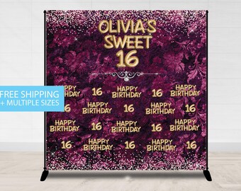 Sweet 16, Step and Repeat, 8X8 Photo Booth backdrop, Sweet 16 Banner, Prom backdrop, Birthday Backdrop, Printable Backdrop Glitter Pink 16