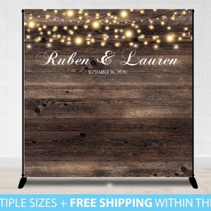 Step and Repeat, Wedding Photo Backdrop, Rustic Lights Step and Repeat, Wedding Backdrop, Bridal Shower Step and Repeat Rustic Wood Rustic
