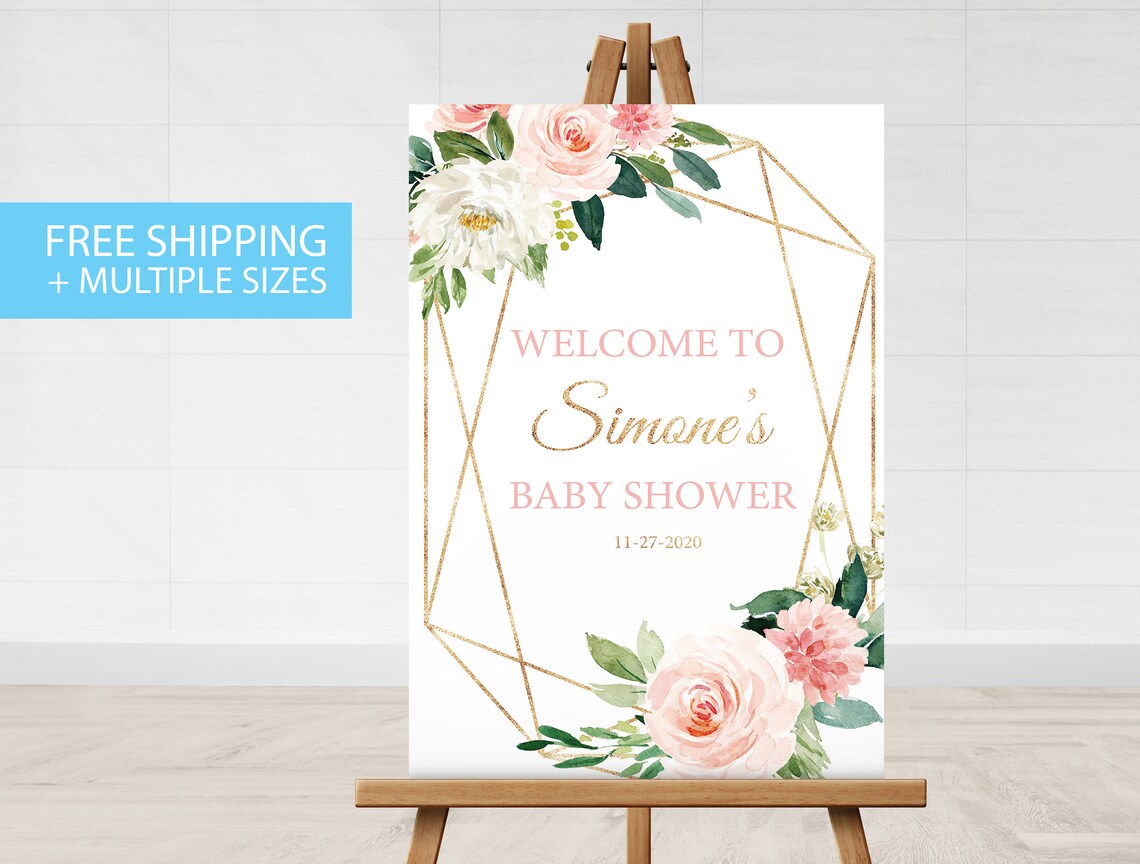 Baby Shower Sign Baby Girl Pink Floral Gold Etsy