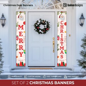 May include: Set of two Christmas door banners with a white background and red lettering. The banners feature a Santa Claus illustration and festive decorations. The left banner reads "Merry" and the right banner reads "Christmas".