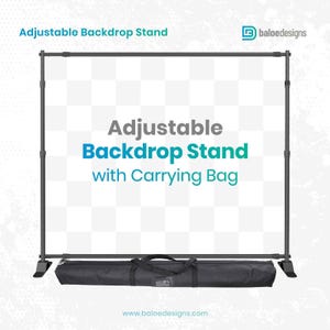 May include: Adjustable backdrop stand with a black carrying bag. The stand is made of metal and has a black finish. The bag is made of fabric and has a zipper closure.