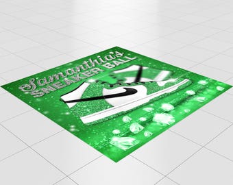 May include: Green and white sneaker with a black swoosh and silver glitter. The sneaker is on a green background with silver glitter and diamonds. The text "Samantha's Sneaker Ball" is at the top of the image.