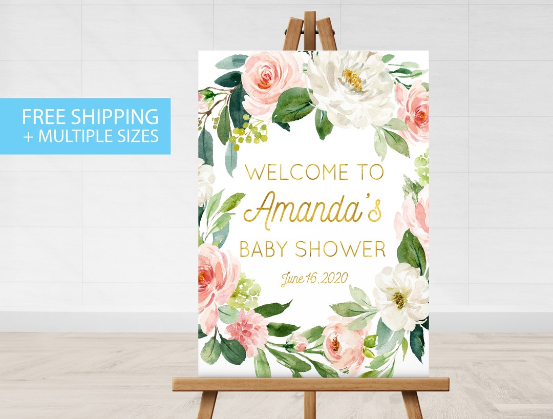 Baby Shower Sign, Baby Girl Pink Floral Gold Sign