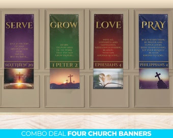 Set of 4 Church Banners, Serve, Grow, Love Pray, Church Banner Set, Sanctuary Banners, Mission Worship, Church Wall Vinyl Banner Decor