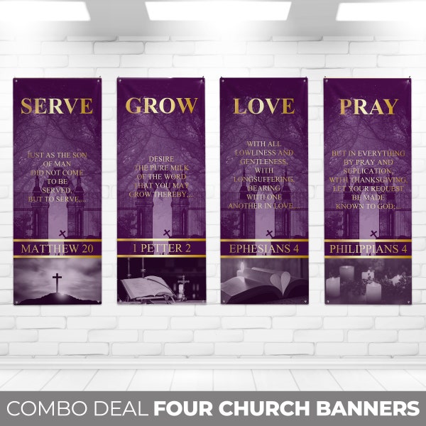Set of 4 Church Banners, Serve, Grow, Love Pray, Church Banner Set, Sanctuary Banners, Mission Worship, Church Wall Vinyl Banner Decor