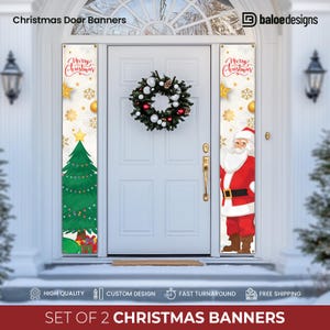 May include: Set of two Christmas door banners. One banner features a green Christmas tree with lights and presents. The other banner features Santa Claus in a red suit with a white beard. Both banners have a white background with gold snowflakes and stars. The text "Merry Christmas" is printed in red on both banners.