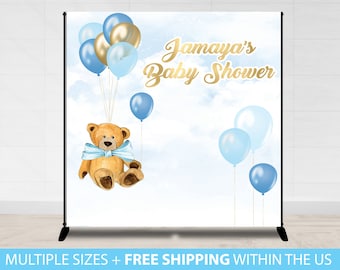 Step and Repeat, Baby Shower Backdrop, Baby shower Backdrop baby shower blue bear Banner, bearly wait to meet, balloons gold blue teddy bear