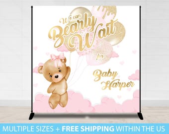 We can Bearly Wait Baby Shower Backdrop, Baby shower Backdrop, baby shower pink bear Banner, we can bearly wait to meet, balloons teddy bear