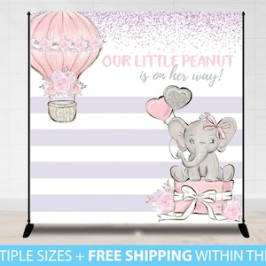 Step and Repeat, Our little peanut is on her way, Baby Shower Backdrop, Baby Girl Pink Elephant Step Repeat Banner Party, Hot Air Balloon