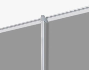 May include: A silver metal vertical pole connected to a horizontal top rail by a light gray plastic bracket. The structure supports a smooth, solid gray panel surface, creating a clean, industrial display frame for signage or presentation materials.