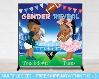 Gender Reveal Baby Shower Touchdowns and Tutus, Team boy Team Girl Football Backdrop Baby shower Party Footballs Tutus Cheer bows backdrop