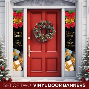 May include: Set of two vinyl door banners with a black background and gold and red accents. The banners feature the text "Merry Xmas & Happy New Year" with a design of bells and wrapped presents.