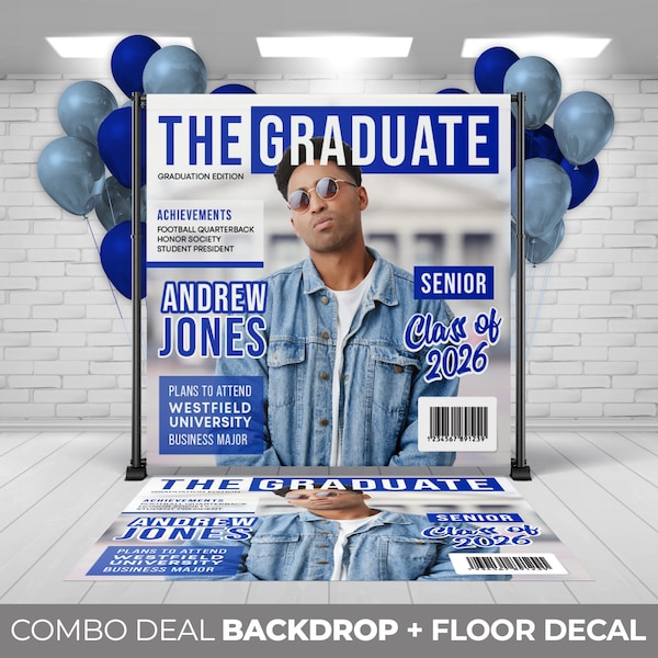 Backdrop + Floor decal, Custom Magazine Graduation Banner Floor Decal Party Decor, Graduate class of 2023 2024 Congrats to grads prom banner