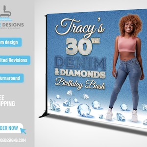 Denim and Diamonds backdrop, Denim and Diamonds Photo Step and Repeat, 30 50th 60th 40th Birthday Backdrop, Denim Backdrop Diamonds backdrop