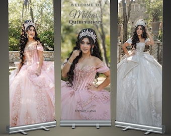 May include: Three retractable banners featuring a young woman in a quinceañera dress. The banners display the text "Welcome to Milka's Quinceañera" and the date "February 7, 2025". The bottom banner text reads "COMBO DEAL 3 RETRACTABLE BANNERS".