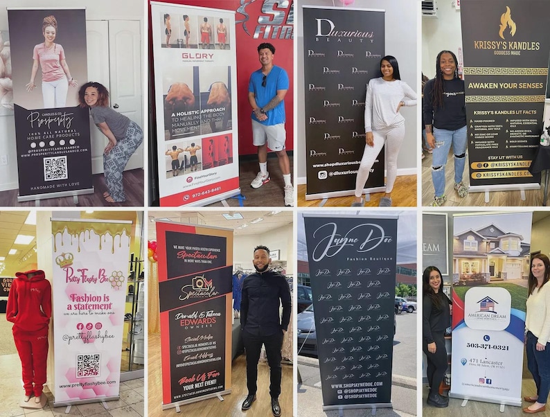 May include: A collection of retractable banner stands featuring various businesses and brands. The banners display logos, text, and images, including "Prosperity," "Glory," "Duxurious Beauty," "Krissy's Kandles," "Pretty Flasby Bee," "Spectacular," "Jayne Dee," and "American Dream."