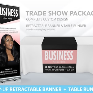May include: A black and pink retractable banner with the text "BUSINESS" and "NAME HERE". A black and pink table runner with the text "BUSINESS" and "NAME HERE". The banner and table runner are part of a trade show package.