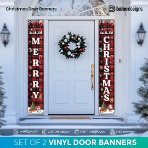 May include: Set of two Christmas door banners with a red and black plaid background. One banner says "Merry" and the other says "Christmas".