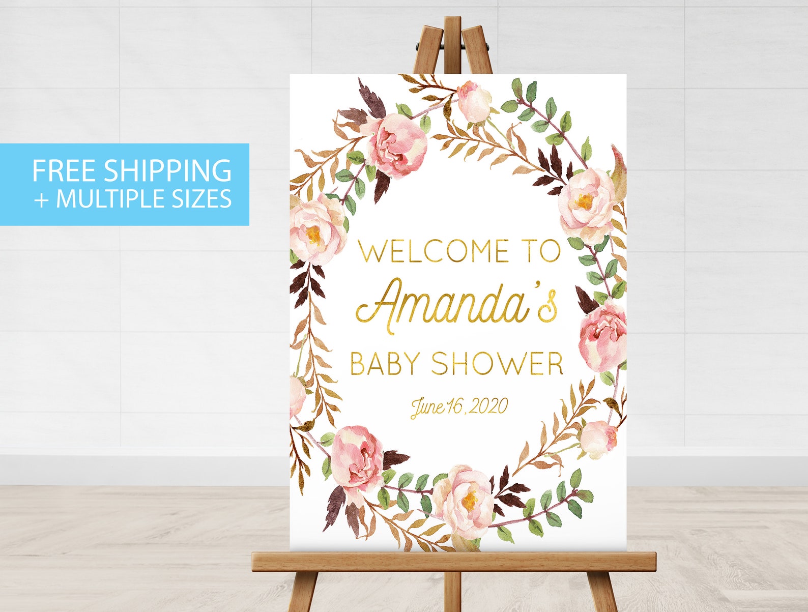 Baby Shower Sign Baby Girl Pink Floral Gold Etsy