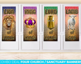 Set of 4 Church Banners, Sanctuary Banners, Mission Worship, Church Wall Vinyl Banner, Lion of Judah Lamb of God Lord of Lords King of Kings