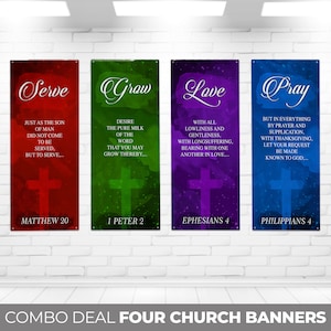 Set of 4 Church Banners, Serve, Grow, Love Pray, Church Banner Set, Sanctuary Banners, Mission Worship, Church Wall Vinyl Banner Decor
