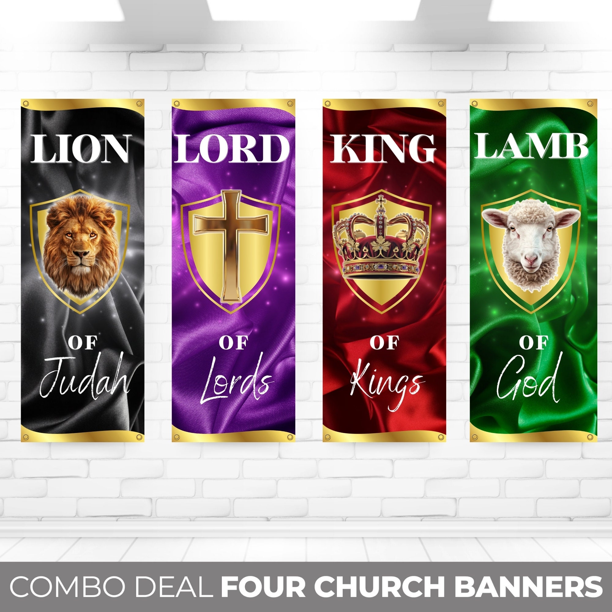 Set of 4 Church Banners, Sanctuary Banners, Mission Worship, Church Wall Vinyl Banner, Lion of Judah Lamb of God Lord of Lords King of Kings