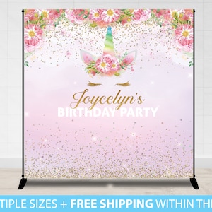 Unicorn Birthday Backdrop, Unicorn Backdrop Banner, Dessert Table Backdrop Banner, First Birthday Backdrop, Floral Unicorn Birthday Poster image 1