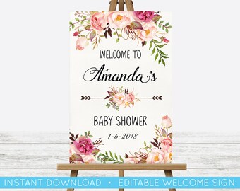 EDIT YOURSELF, POSTER Baby Shower Welcome Sign, Baby Shower Floral Sign, Editable Baby Shower Print, Welcome Sign, Custom Editable Sign
