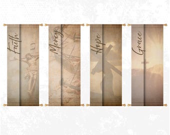 May include: Set of four church banners with a vintage look. Each banner features a different word: Faith, Mercy, Hope, and Grace. The banners are printed on a brown background with a faded, distressed look. The words are written in a stylized font and are surrounded by images related to the Christian faith.