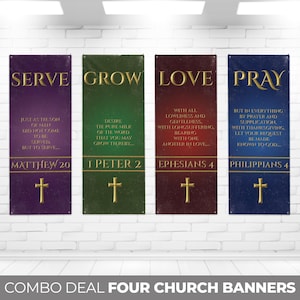 Set of 4 Church Banners, Serve, Grow, Love Pray, Church Banner Set, Sanctuary Banners, Mission Worship, Church Wall Vinyl Banner Decor