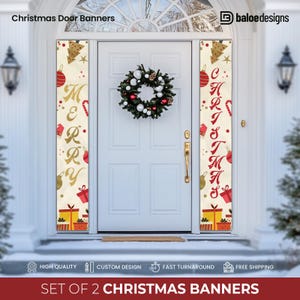 May include: Set of two Christmas door banners with a cream background and red and gold accents. One banner says "Merry" and the other says "Christmas".