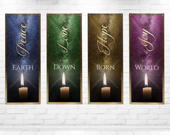 May include: Four church banners with a candle and a starry background. The banners read "Peace on Earth", "Love Came Down", "Hope is Born", and "Joy to the World".