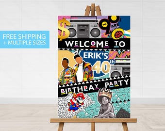 90's Birthday Party WELCOME SIGN, Theme Birthday Party Welcome Sign, Canvas Sign, 90 s 1990 birthday Party, Back To The 90s Welcome Sign