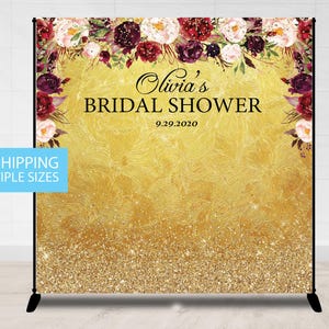 Step and Repeat, Bridal Shower Gol Backdrop, Gold Floral Burgundy Step and Repeat Banner Party, Bridal Shower Backdrop Gold Glitter Custom