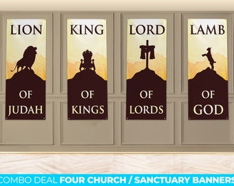 Set of 4 Church Banners, Sanctuary Banners, Mission Worship, Church Wall Vinyl Banner, Lion of Judah Lamb of God Lord of Lords King of Kings