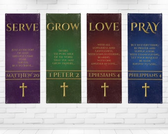 Set of 4 Church Banners, Serve, Grow, Love Pray, Church Banner Set, Sanctuary Banners, Mission Worship, Church Wall Vinyl Banner Decor