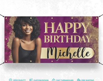 Custom Birthday Banner, Personalized Happy Birthday Sign with Name, Age & Picture, Vinyl Party Decoration, Birthday Backdrop Indoor Outdoor