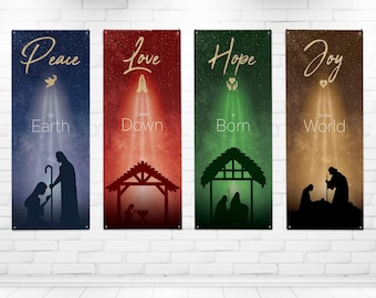 Set of 4 Church Banners, Peace, Love, Hope Joy, Church Banner Set, Sanctuary Banners, Mission Worship, Church Wall Vinyl Banner Decor