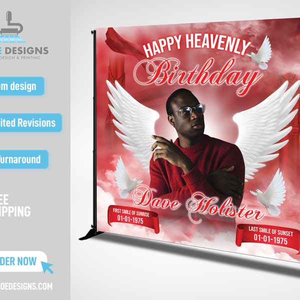 Heavenly Birthday Backdrop, In Loving Memory Birthday Backdrop, Custom Pink Heavens Gate Angel Birthday Memorial Backdrop Banner vinyl