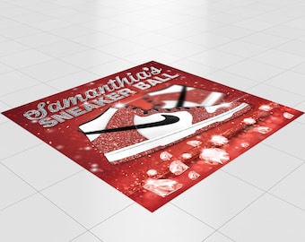 May include: Red and white sneaker with a black swoosh and silver glitter. The sneaker is on a red background with silver glitter and the text "Samantha's Sneaker Ball".