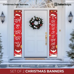 May include: Set of two red Christmas door banners with white lettering. One banner says "Merry" and the other says "Christmas".