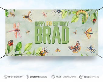 May include: A custom birthday banner with the text "Happy 5th Birthday Brad" in green. The banner features watercolor illustrations of insects, including butterflies, dragonflies, and ladybugs, with green leaves on a light green background.