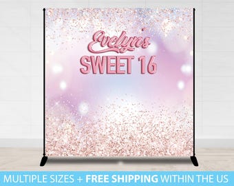 Sweet 16, Step and Repeat, 8X8 Photo Booth backdrop, Sweet 16 Banner, Prom backdrop, Birthday Backdrop, Printable Backdrop Glitter Pink 16
