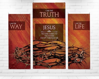 Set of 3 Church Banners, I am the Truth, Church Banner Set, Sanctuary Banners, I am the way, the life, Mission Worship, Church Wall Banner