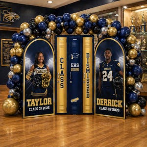 May include: A school-themed photo booth setup with navy blue and gold balloons. Two large signs feature students in Eagles uniforms, with the text "TAYLOR CLASS OF 2026" and "DERRICK CLASS OF 2026". A navy blue locker with "CLASS EHS 2026 DISMISSED" is in the center.