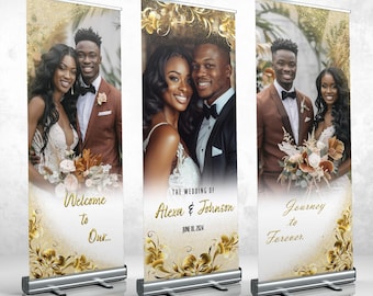 May include: Three gold glitter wedding welcome signs with a couple's photo on each. The first sign says "Welcome to Our..." The second sign says "The Wedding of Alexa & Johnson June 18, 2024". The third sign says "Journey to Forever."